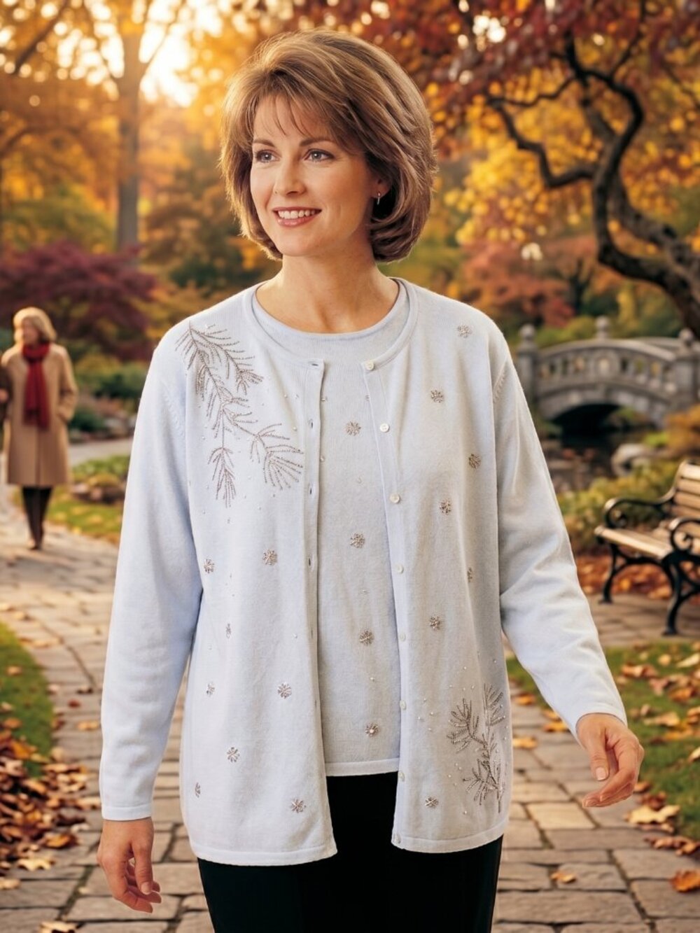 Crystal-Kobe Womens Large Cardigan Blue Cotton Embroidered Twinset Sophisticated